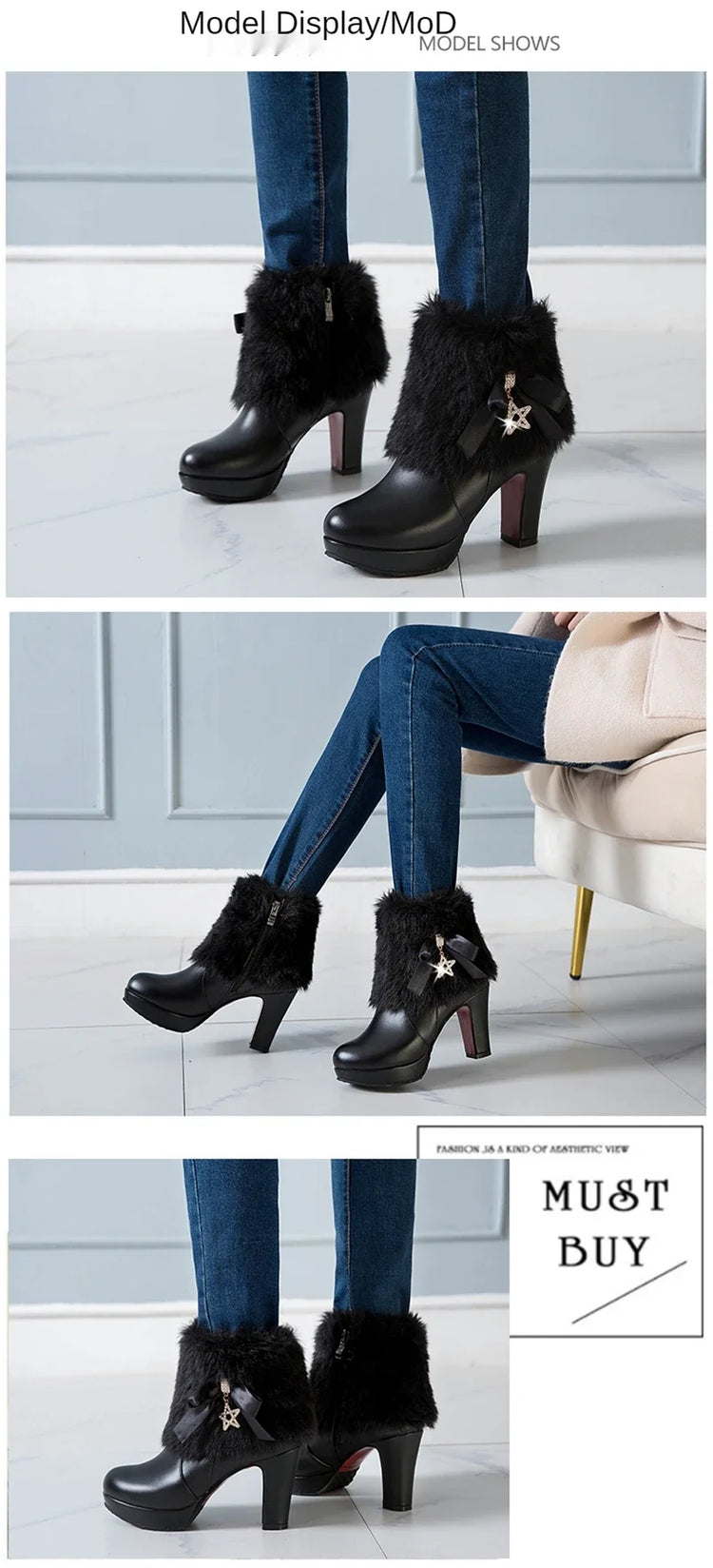 Snow Boots Womens Winter Warm Plush Fashion High Heels Pink White Black Fur Bowt Dress Party Wedding Platform Boots 526-1