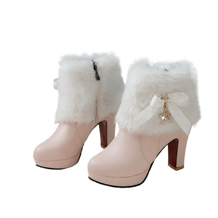 Snow Boots Womens Winter Warm Plush Fashion High Heels Pink White Black Fur Bowt Dress Party Wedding Platform Boots 526-1