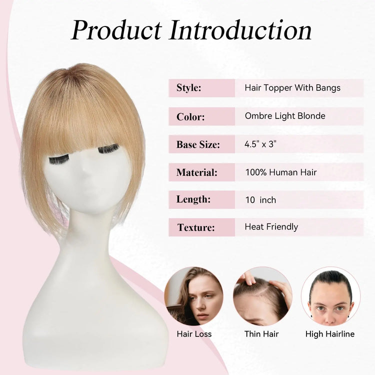 Ombre Light Blonde Real Human Hair Toppers with Swiss Lace Base Hair 3D Air Bangs 10inch Human Hair Topper for Women Hair Loss