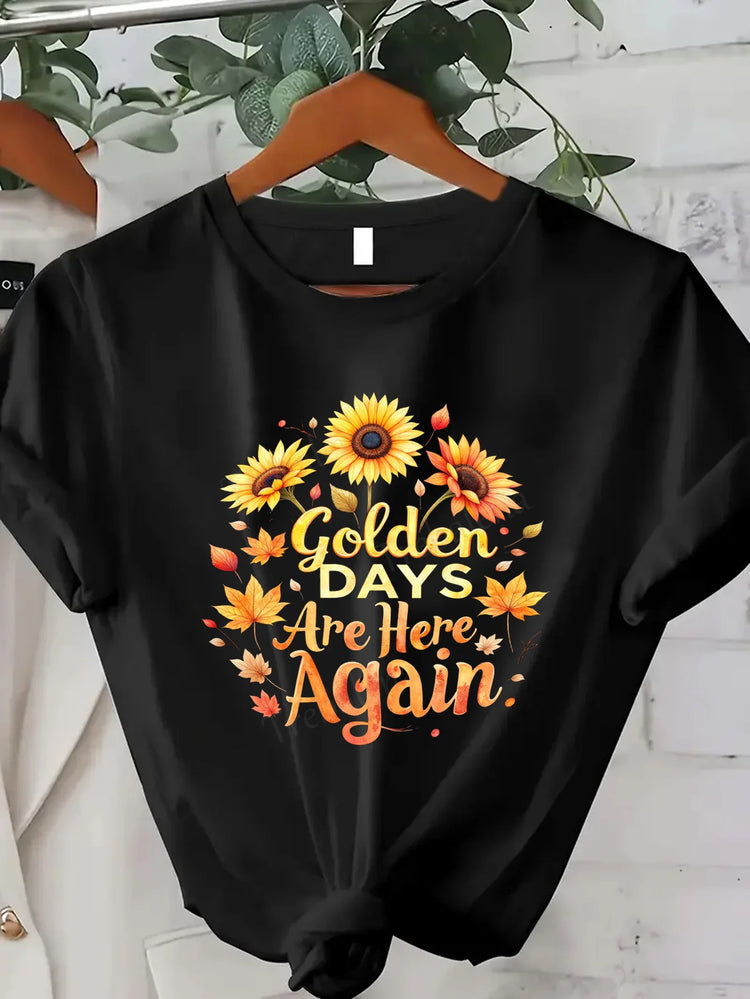 Comoda maglietta da donna con stampa Cozy Feels Forever T-shirt da donna con stampa floreale, stile casual comfort