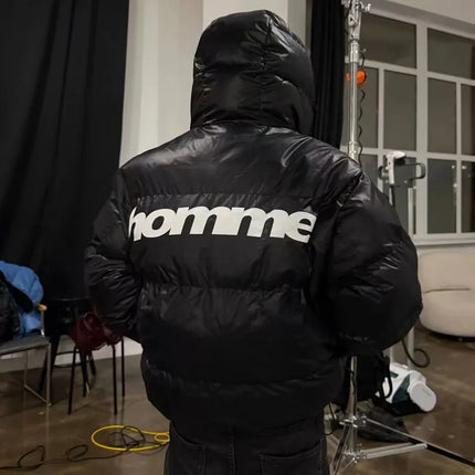 Men Shiny Puffer Jacket Back Homme Letter Print Hooded Down Coat Oversized Warm Winter Couple Bubble Coat Black White Unisex New