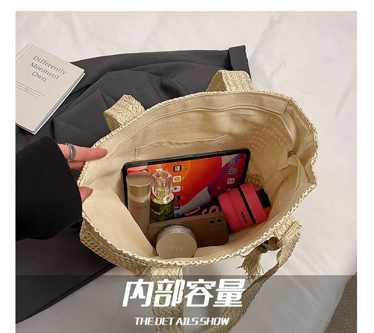 Borsa da donna in paglia intrecciata di grande capacità in stile francese, nuova borsa a tracolla per vacanze al mare, borsa tote da pendolarismo casual