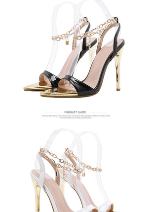 New Summer Sandals Women Fashion Gold Chain Ankle Strap Sexy Peep Toe Ladies Metal High Heels Sandals Woman Party Shoes Pumps PlatiNum