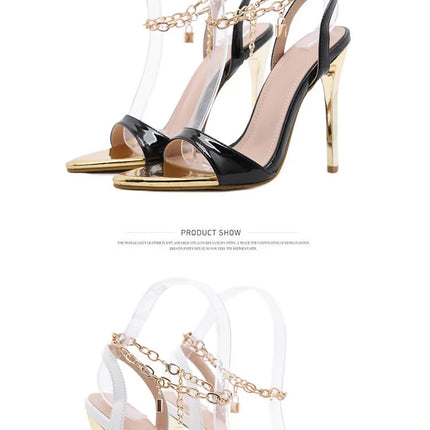 New Summer Sandals Women Fashion Gold Chain Ankle Strap Sexy Peep Toe Ladies Metal High Heels Sandals Woman Party Shoes Pumps PlatiNum