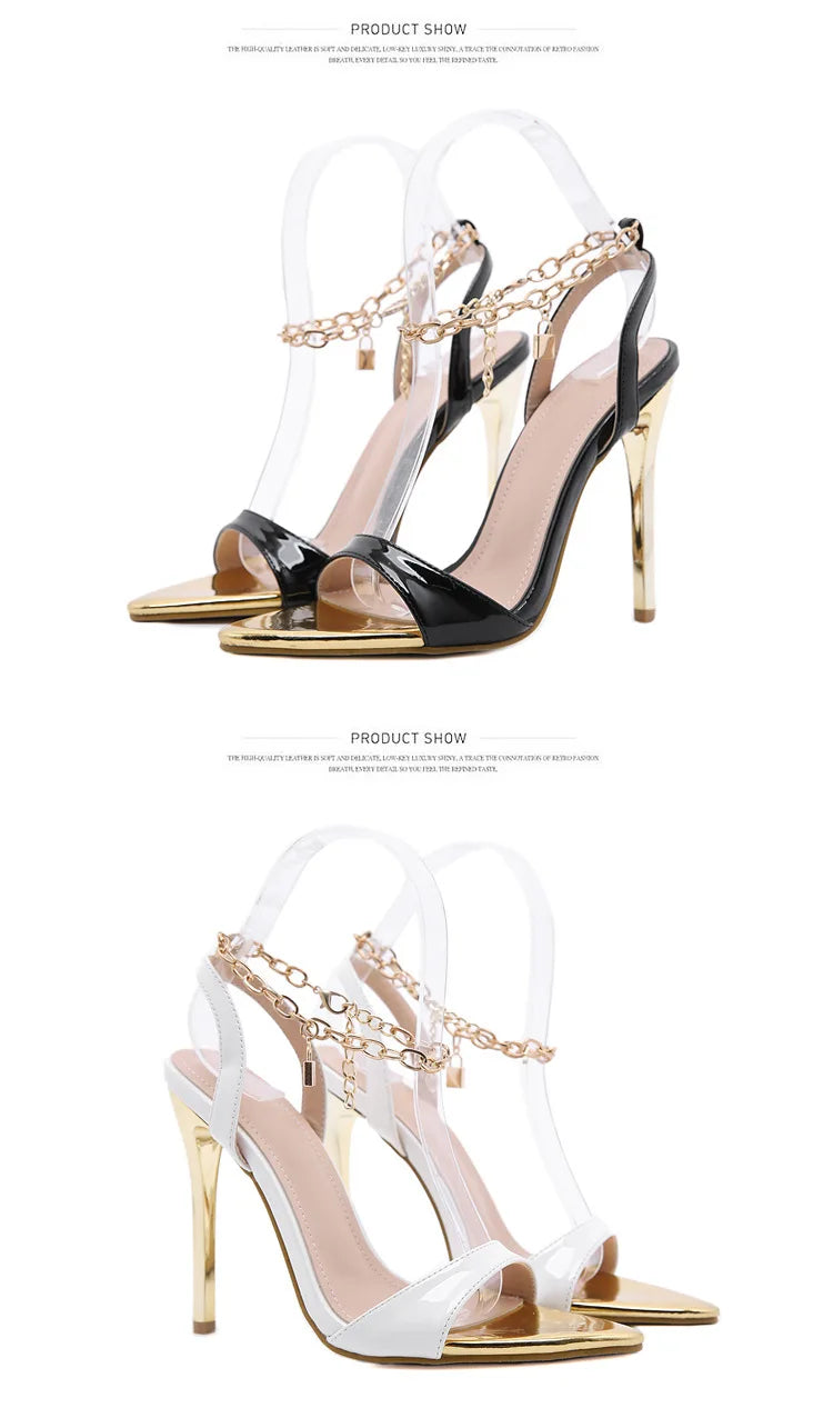 New Summer Sandals Women Fashion Gold Chain Ankle Strap Sexy Peep Toe Ladies Metal High Heels Sandals Woman Party Shoes Pumps PlatiNum