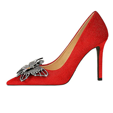 BIGTREE Scarpe Designer Nuove donne Décolleté Strass Farfalla Nodo Punta a punta Flock 10CM Tacchi sottili Scarpe da donna mature super alte