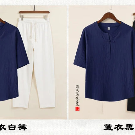 Set da due pezzi da uomo (camicie + pantaloni) in cotone di lino comodo abito Tang pantaloni Kungfu larghi nuova camicia casual retrò a maniche corte da uomo