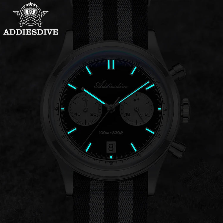 ADDIESDIVE AD2542 Luxury Quartz Chronograph Watch for Men Japanese 0S21 Movement 38mm Stainless Steel Case BGW9 Lume 100M Waterp