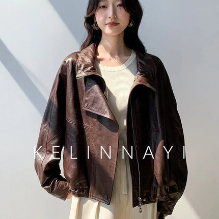 Waxed Sheepskin Genuine Leather Moto Biker Jacket Women Cropped Stand Collar Zip Up Snap Button Loose Casual Autumn Outwear 2026