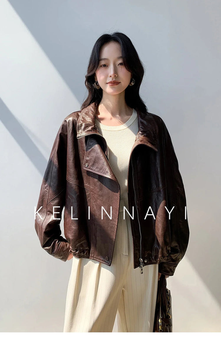 Waxed Sheepskin Genuine Leather Moto Biker Jacket Women Cropped Stand Collar Zip Up Snap Button Loose Casual Autumn Outwear 2026
