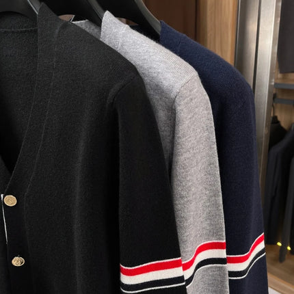 High End Brand Knitted Cardigan Men's Autumn Trend Color Blocked Striped Designer New shawl Korean Casual V-Neck sweater Coat