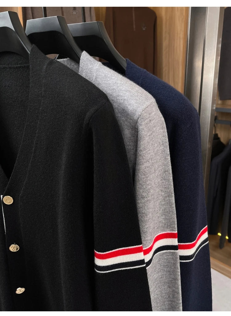 High End Brand Knitted Cardigan Men's Autumn Trend Color Blocked Striped Designer New shawl Korean Casual V-Neck sweater Coat