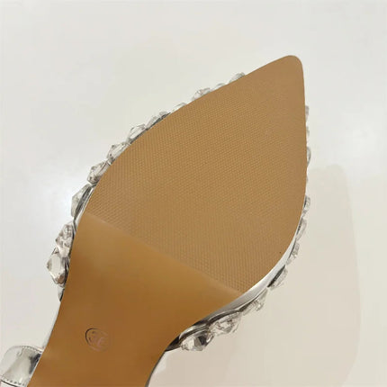 Hlieny Hollow Out Patent Leather Women Pumps Fashion Crystal Diamonds Pointed Toe Gold Silver High Heels Shoes Stiletto Sandals PlatiNum