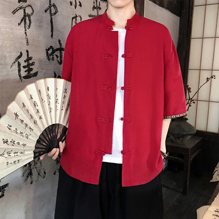 Camicie retrò da uomo, estive, eleganti, larghe, casual, leggere, sottili, traspiranti, in stile cinese, vintage, con calligrafia tradizionale.