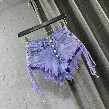 Nuovi Shorts Estivi da Donna 2026 Viola, Sexy a Vita Bassa, con Bottoni, in Denim a Trapezio con Bretelle, Hot Pants Femminili