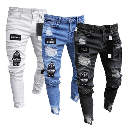 Bottoms 3 Styles Stretchy Ripped Skinny Biker Embroidery Print Jeans Destroyed Hole Slim Fit Scratched High Quality Jean PlatiNum