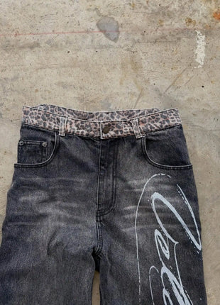 Jeans con orlo a stampa leopardata, stile casual americano anni 2000, a vita alta, gamba dritta e larga, abbigliamento femminile retrò Harajuku