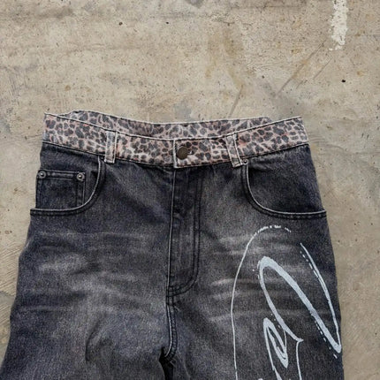 Jeans con orlo a stampa leopardata, stile casual americano anni 2000, a vita alta, gamba dritta e larga, abbigliamento femminile retrò Harajuku
