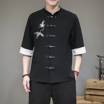Camicie con ricamo gru Abbigliamento tradizionale cinese vintage Mezza manica da uomo in lino Solido colletto Madarin Cardigan Hanfu Kungfu