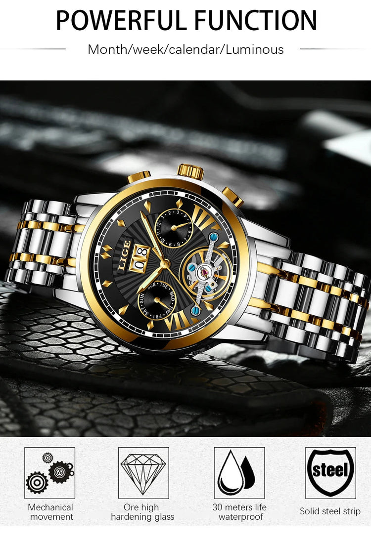 Orologi da Polso Meccanici Automatici LIGE 2026 per Uomo, Marca di Lusso, Orologio da Uomo con Tourbillon, Moda Business, Impermeabile platinumshop