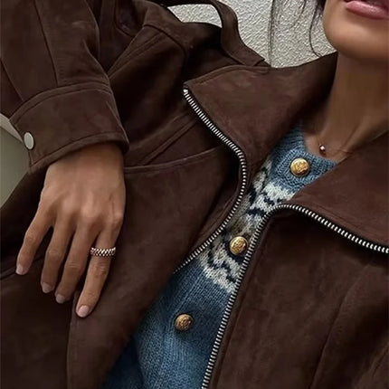 Women's Belt Short Suede Jackets Loose Lapel Long Sleeve Zipper Coats 2025 Spring Lady Vintage Female Outwear Street