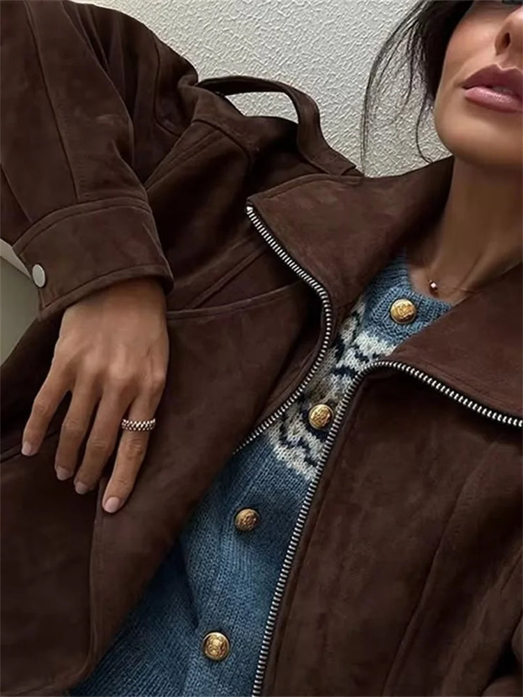 Women's Belt Short Suede Jackets Loose Lapel Long Sleeve Zipper Coats 2025 Spring Lady Vintage Female Outwear Street