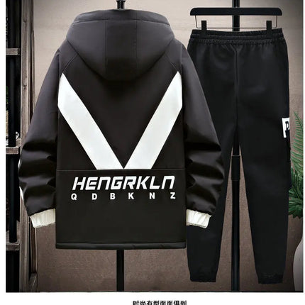 Winter Tracksuit Men Warm Sports Printed Thick Suit Mens Casual Hooded jacket+Pants Sweatsuit Male 2 Piece Sportswear