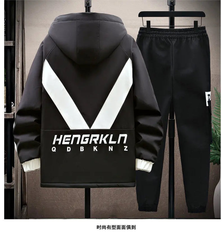 Winter Tracksuit Men Warm Sports Printed Thick Suit Mens Casual Hooded jacket+Pants Sweatsuit Male 2 Piece Sportswear