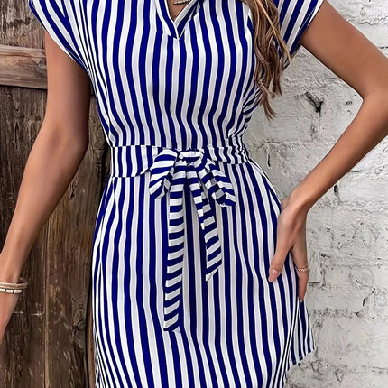 Summer New Striped Print Dress for Women 2024 Fashion V-Neck Sleeveless Lace-Up Short Skirt Elegant Office Lady Slim Dresses