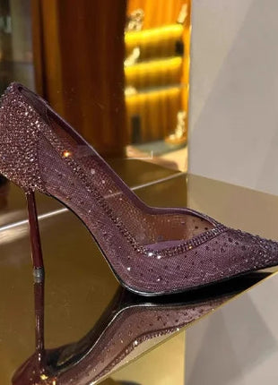 Scarpe col tacco alto a punta tempestate di diamanti in maglia blu con scarpe di cristallo con tacchi fini, nuove scarpe singole in pizzo scavato con tacco sottile platinumshop