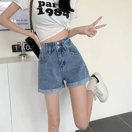 Women's summer thin denim shorts with loose fit high waist slimming effect wide legs and rolled edge hot pants for outerwear PlatiNum