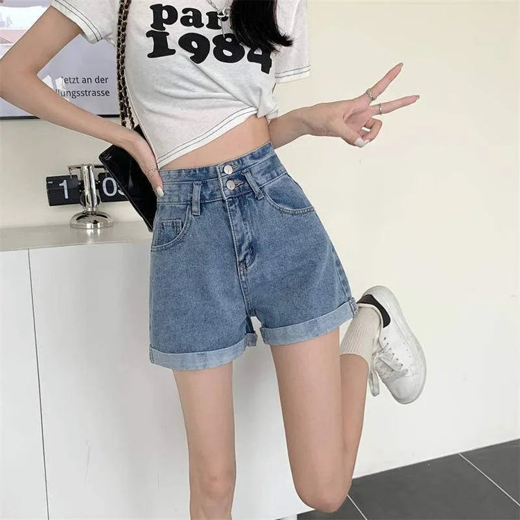 Women's summer thin denim shorts with loose fit high waist slimming effect wide legs and rolled edge hot pants for outerwear PlatiNum