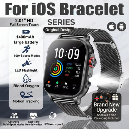 2026New Smart Watch Fitness Clock Men 2.01" AMOLED Screen 1400mAh 130+ Days Battery Life Flashlight Call Waterproof Smartwatches
