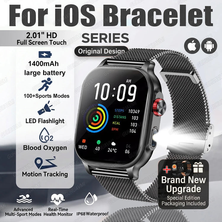 2026New Smart Watch Fitness Clock Men 2.01" AMOLED Screen 1400mAh 130+ Days Battery Life Flashlight Call Waterproof Smartwatches
