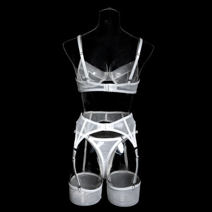 Luxury Dark Style 4Pcs Women's Lingerie Set Push-up Underwire Bra Garter Belt Thong Panty Stocking Erotic Intimate Outfits