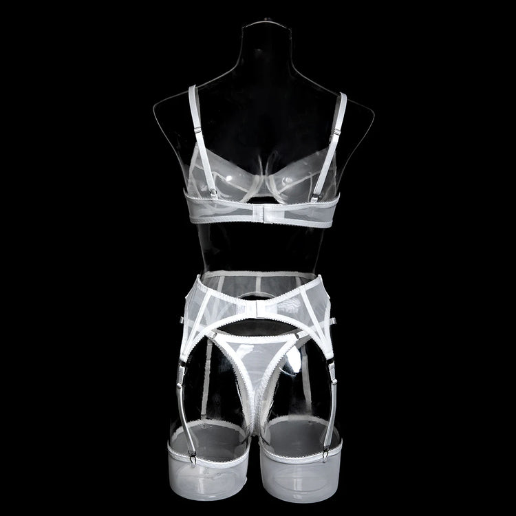 Luxury Dark Style 4Pcs Women's Lingerie Set Push-up Underwire Bra Garter Belt Thong Panty Stocking Erotic Intimate Outfits