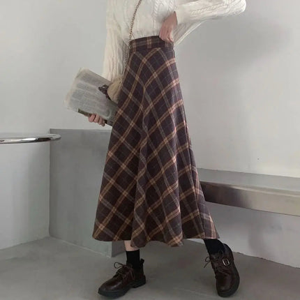 Retro High Waist Retro Plaid Skirt Slim Fit Classical High Waist Long Skirt Preppy Style Winter Autumu A-line Half Dress Autumn PlatiNum