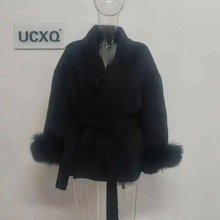 UCXQ Elegant Woolen Coat Temperament Office Lady Overcoats Fur Patchwork Long Sleeve Beautiful Women's Coats 2025 Winter New