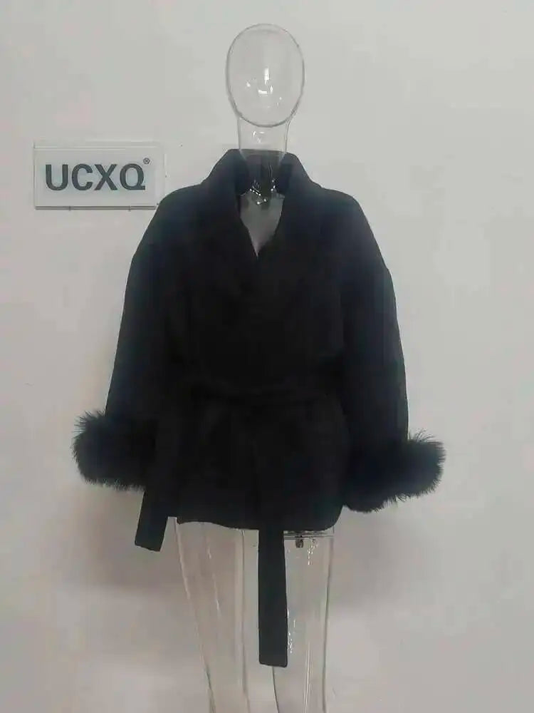 UCXQ Elegant Woolen Coat Temperament Office Lady Overcoats Fur Patchwork Long Sleeve Beautiful Women's Coats 2025 Winter New