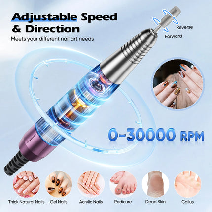 4 In 1 Electric Nail Sander, 30000 RPM Powerful Vacuum Cleaner 80W, 6W Rotating LED Light, Quiet, With Drill Bits And Sanding Bands Dust Brush For Salon Home Nail DIY Use, 220V EU Plug