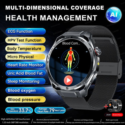 Nuovo Smartwatch 2026 con Analisi del Grasso Corporeo ECG+PPG, Acido Urico, Pressione Sanguigna, Ossigeno nel Sangue, Chiamate Bluetooth, Orologio Sportivo Intelligente per Uomini e Donne platinumshop