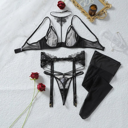 Fashion Women's Lingerie Delicate Sets Premium PU Mesh Patchwork Halter Bra Belt Thong Stockings Fantasy Sensual Girls Intimates