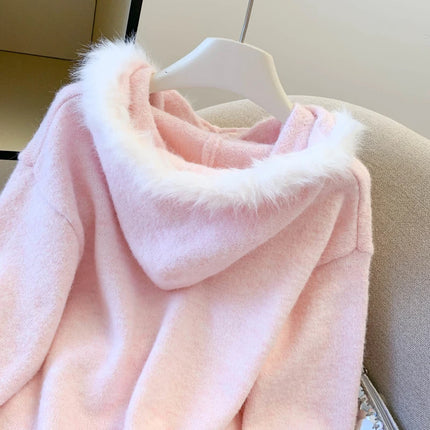 Women's Pink Hooded Long Sleeve Cute Overhead Sweater Y2K Japanese Style 2000S College Retro Autumn Winter Warm Sweater Clothes