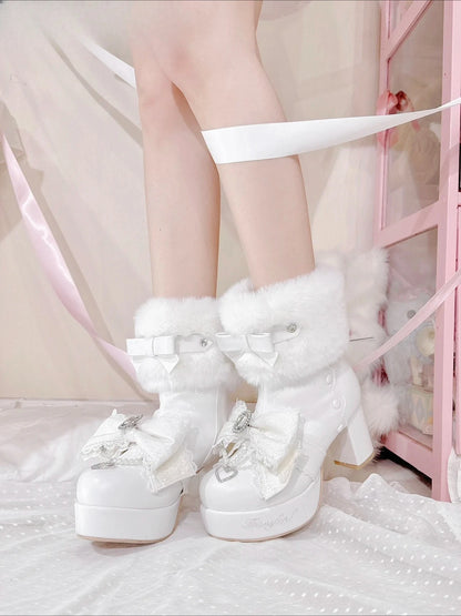 Original Japanese Sweet Cute Style Versatile Bow High Heel Boots Autumn Winter Mass-Produced Rhinestones Fur Short Boots