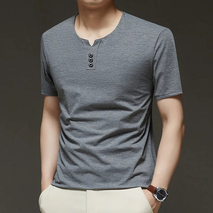 2025 New Men's Business Casual Three Button V-neck Short Sleeved T-shirt Korean Style Summer Comfortable Versatile Top PlatiNum