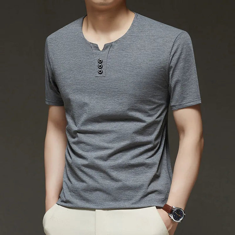 2025 New Men's Business Casual Three Button V-neck Short Sleeved T-shirt Korean Style Summer Comfortable Versatile Top PlatiNum