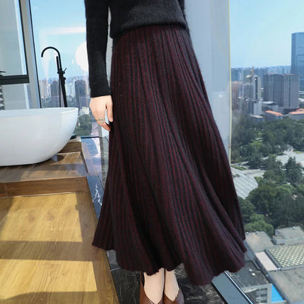 100% Pure Mink Pleated Skirts Women's Elastic High Waist Knitted Dress Fashion Joker Loose Big Swing Skirt Thick Umbrella Skirt PlatiNum