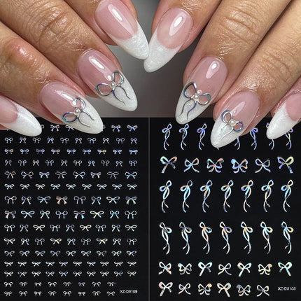 12Pcs 3D Laser Silver Star Ribbon Nail Stickers Y2K Stars Moon Sun Self-Adhesive Slider Exquisite Flower Leaf DIY Manicure Decal