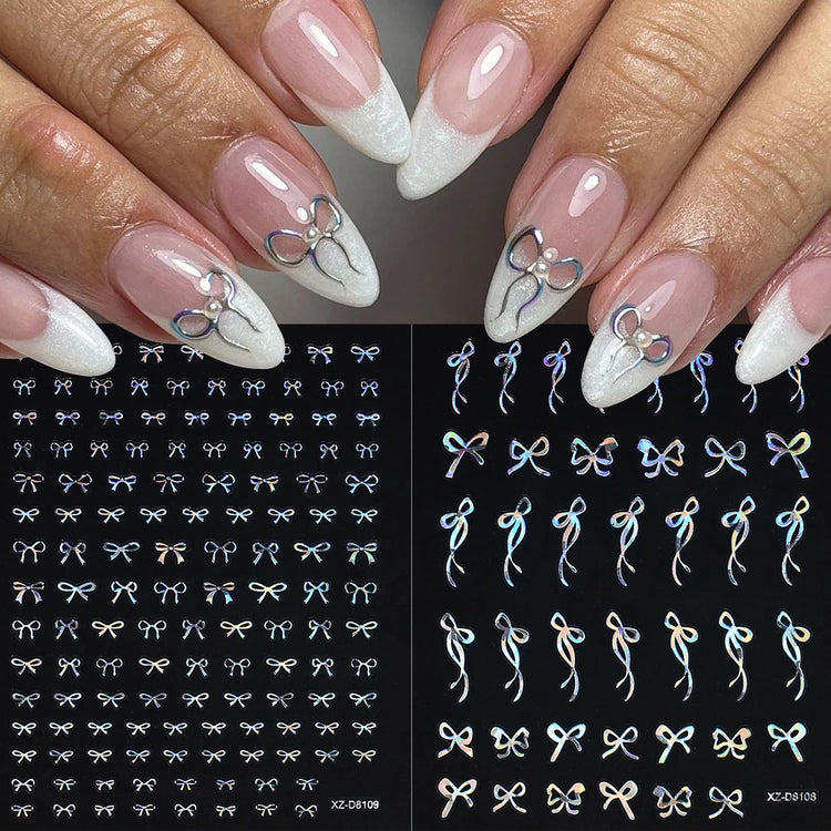 12Pcs 3D Laser Silver Star Ribbon Nail Stickers Y2K Stars Moon Sun Self-Adhesive Slider Exquisite Flower Leaf DIY Manicure Decal