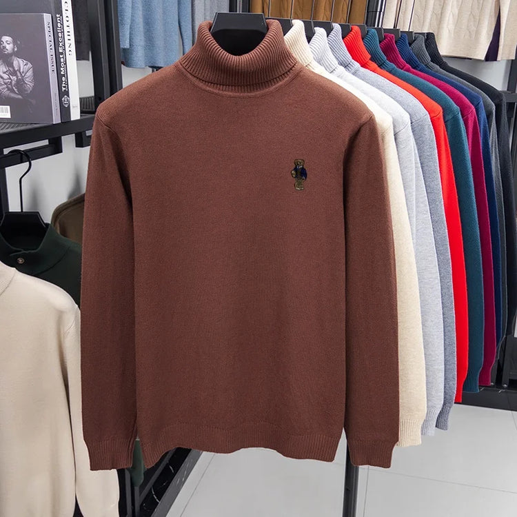 High-End Man Spring Long-Sleeved Knitwear Bear Print High Neck Hot Pullover Versatile Trend Leisure Warm Sweater Men's Clothing